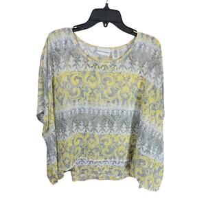 Alfred Dunner Yellow Damask Print Layered Dolman Sleeve Top Women's Size 16